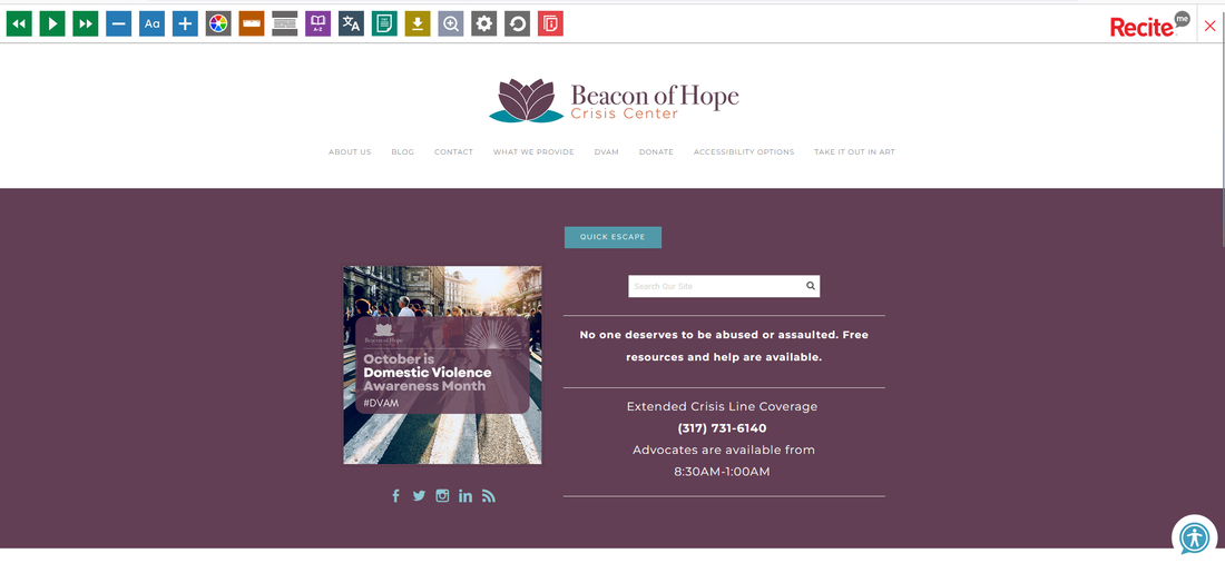 Beacon of Hope Crisis Center Website homepage showing the accessibility options tools.