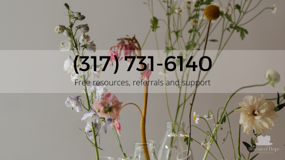 Flowers with overlay stating 317-731-6140 Free resources, referrals and support