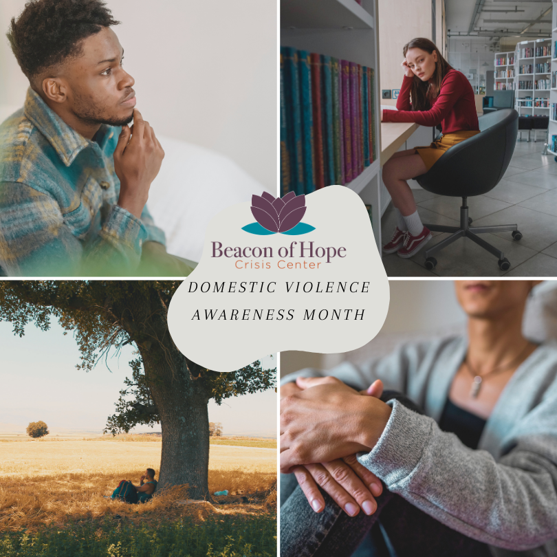 Domestic violence awareness month collage of a man, a woman in a chair, a field, and another person sitting with their arms crossed