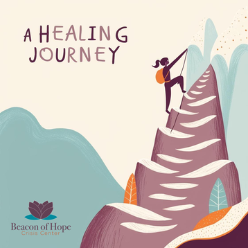 A Healing Journey graphic showing a woman hiking up a high path
