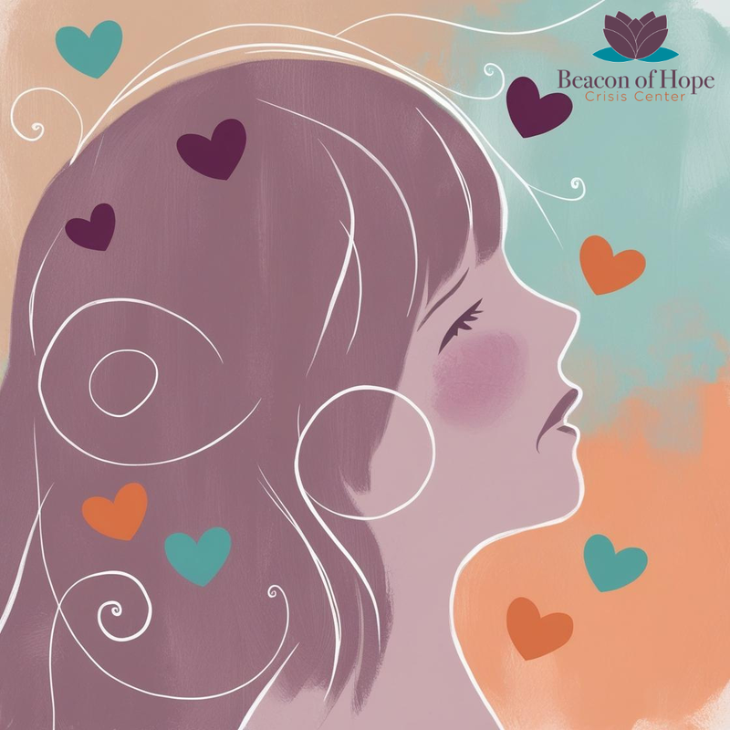Woman side profile empowered head up hearts surrounding her.