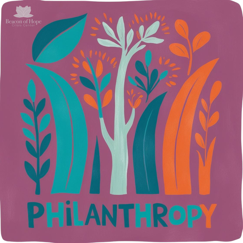 Philanthropy purple teal and orange image of growth sprouts.