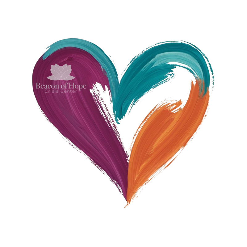 Whimsical heart in agency colors of purple, orange, and teal.